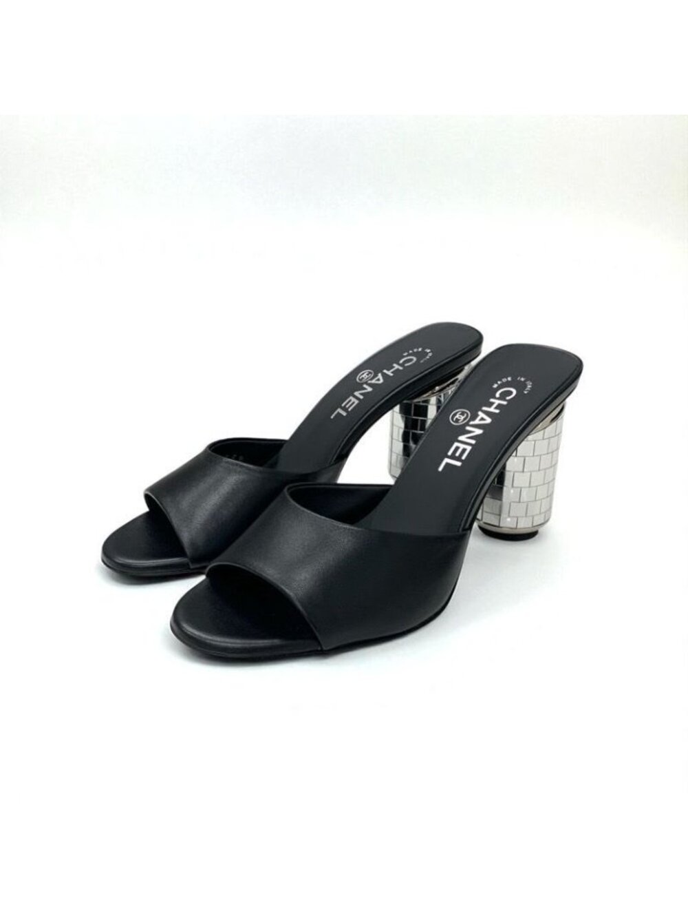 Chanel Sandals Shoes Leather Black Silver Coco Mark - Picture 2 of 10